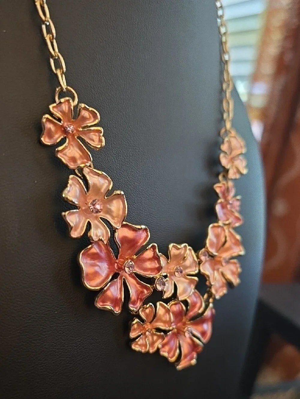 Gold-Tone Pink Floral Statement Necklace - Women Jewelry